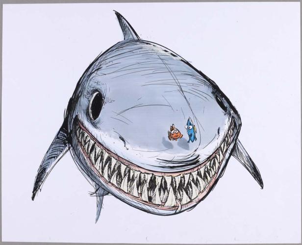 Eine Zeichnung eines Hais mit den animierten Fischen Nemo und Dorie auf seinem Kopf.