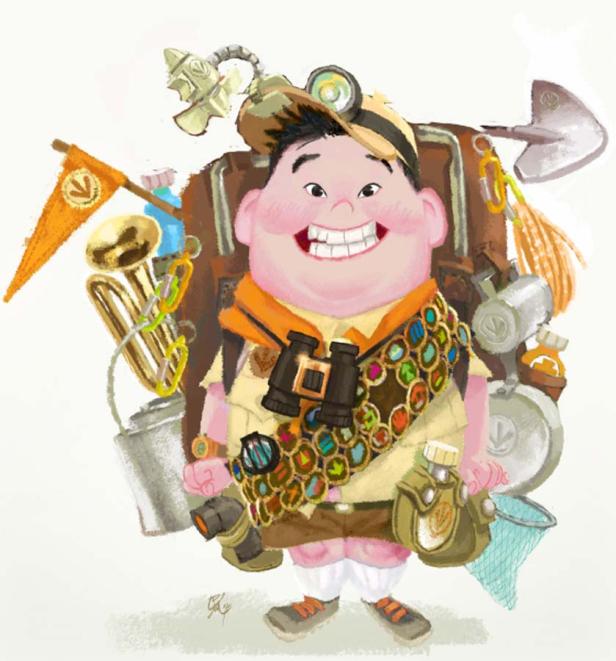 Russell, der Pfadfinder aus dem Film „Oben“, steht mit einem Rucksack und vielen Ausrüstungsgegenständen da.