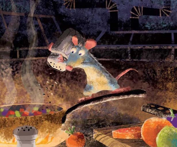 Eine Ratte kocht in einer Küche und würzt ein Gericht mit einem Gewürzstreuer.