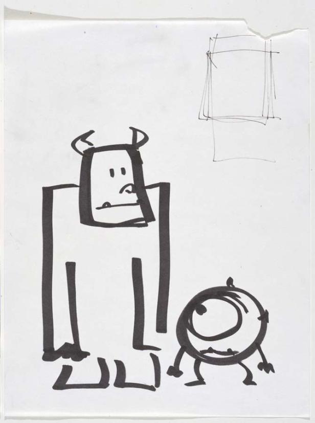 Eine einfache Strichzeichnung von zwei Cartoon-Monstern auf Papier.