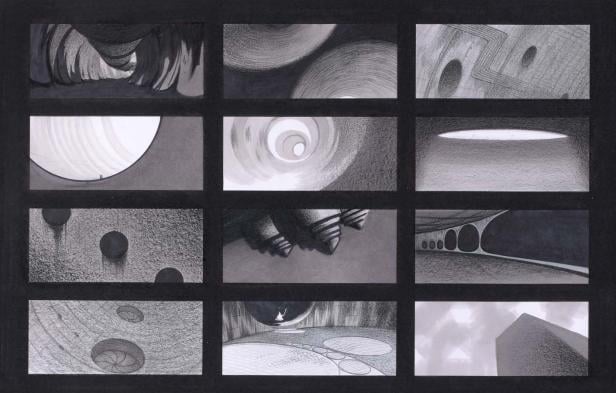 Ein Storyboard mit verschiedenen skizzenhaften Darstellungen von Innenräumen und Landschaften.