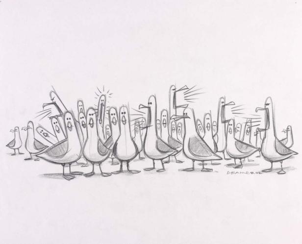 Eine Bleistiftzeichnung zeigt eine große Gruppe schreiender Möwen.