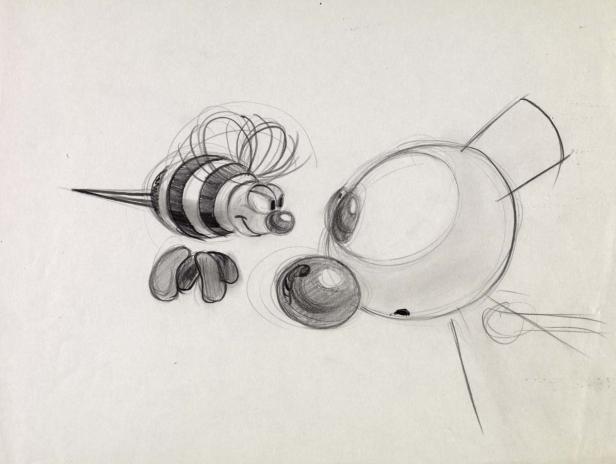 Eine gezeichnete Biene und ein Hund mit großen Augen scheinen sich anzusehen.