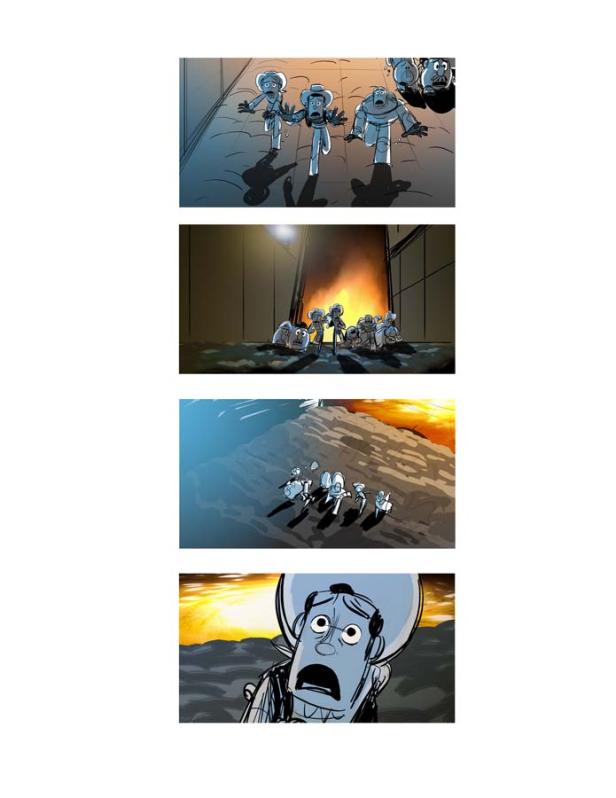 Mehrere Panels zeigen Charaktere aus „Toy Story“ in verschiedenen gefährlichen Situationen.