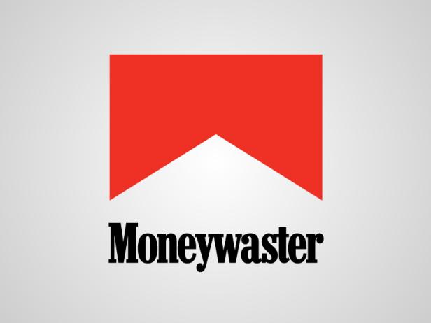 Das stilisierte Logo „Moneywaster“ mit rotem Dach auf grauem Hintergrund.
