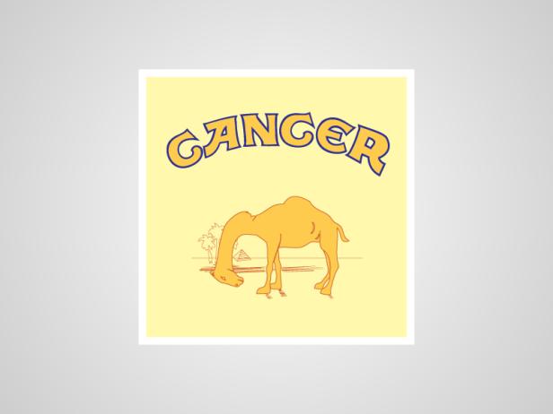 Ein stilisierter Schriftzug „GANCER“ über einem gelben Kamel in einer Wüstenlandschaft.