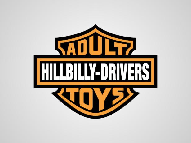 Das stilisierte Logo von „Adult Hillbilly-Drivers Toys“ in Orange und Schwarz.