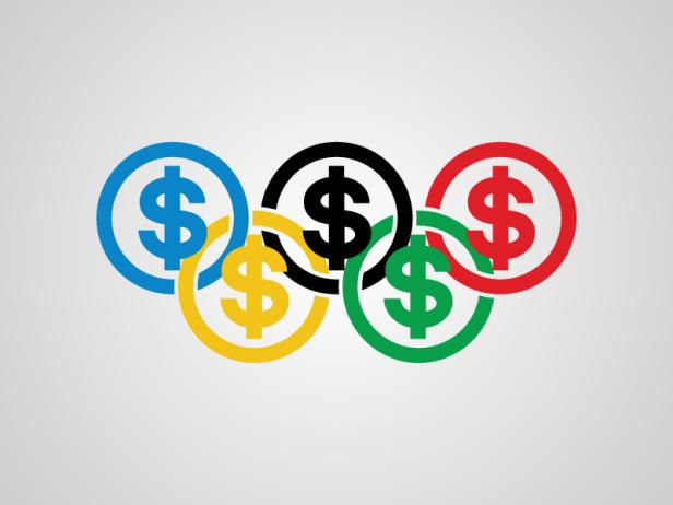 Das Logo der Olympischen Spiele, dargestellt mit Dollarzeichen in den Ringen.