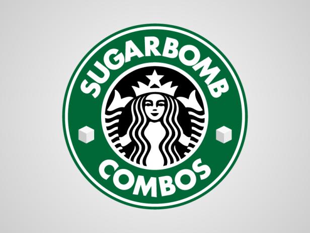 Ein parodiertes Starbucks-Logo mit der Aufschrift „Sugarbomb Combos“.