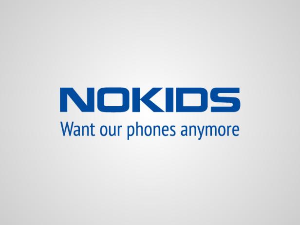 Das blaue „NOKIDS“-Logo mit dem Slogan „Want our phones anymore“ vor einem grauen Hintergrund.