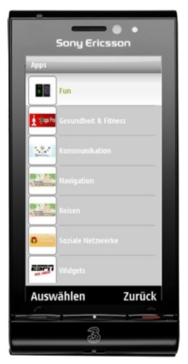 Drei AppStore Ein Sony Ericsson Smartphone zeigt ein Menü mit verschiedenen Apps.