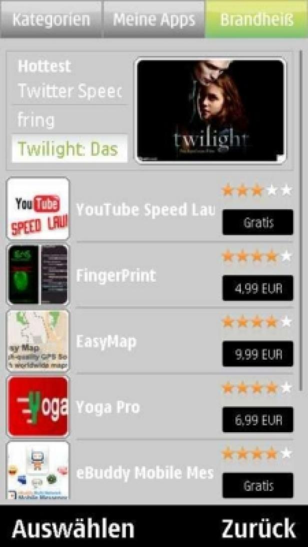 DreiApps Ein App-Store-Interface mit der „Twilight“-App als hervorgehobene Option.