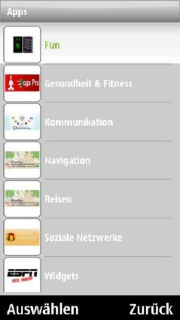 DreiApps Ein Screenshot eines App-Menüs mit Kategorien wie „Fun“, „Gesundheit & Fitness“ und „Soziale Netzwerke“.