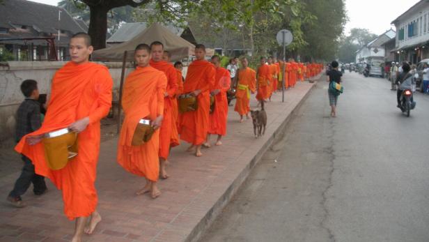 Eine Reihe barfüßiger buddhistischer Mönche in orangefarbenen Gewändern geht eine Straße entlang.