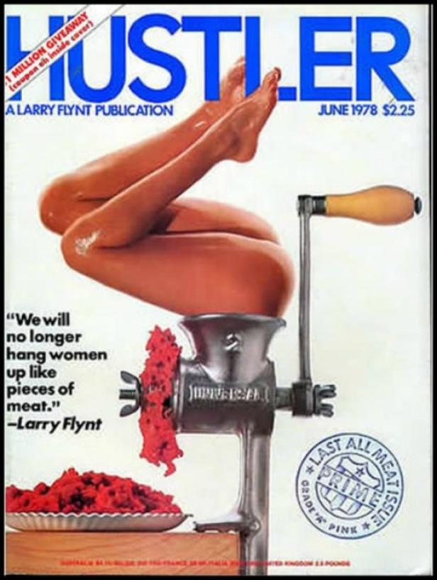 Das Cover des Hustler Magazins von Juni 1978 zeigt eine Frau, die in einen Fleischwolf gezwungen wird.