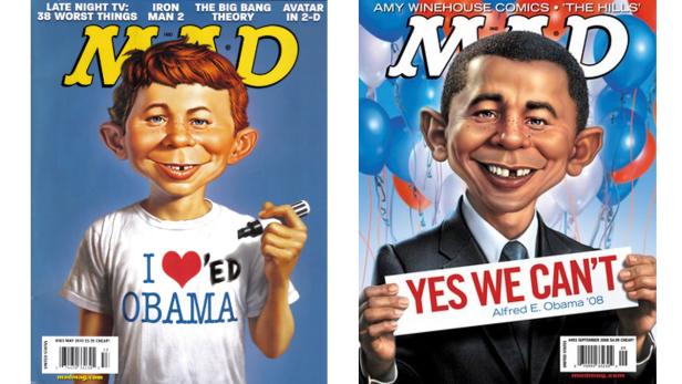 Zwei Cover des MAD-Magazins mit Alfred E. Neuman und einer Obama-Karikatur.
