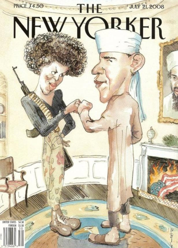 Karikatur auf dem Cover des New Yorker vom 21. Juli 2008, die Michelle und Barack Obama darstellt.