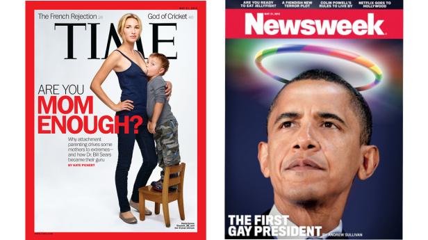 Zwei Zeitschriften-Cover: TIME mit einer stillenden Mutter und Newsweek mit Barack Obama mit Heiligenschein.