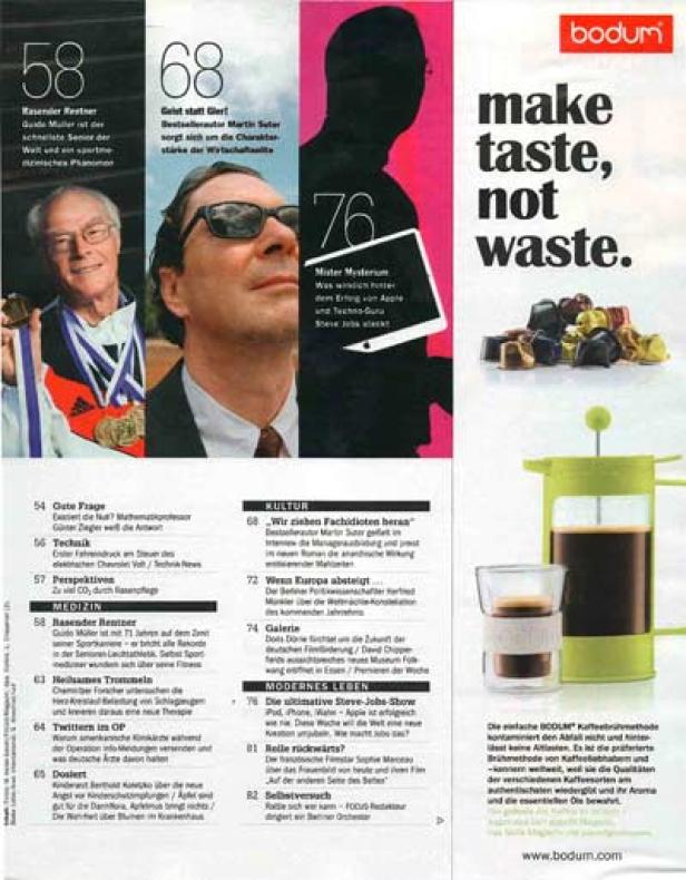 Eine Magazinseite mit Artikeln über Guido Müller, Martin Suter und Steve Jobs, sowie Werbung für Bodum Kaffeezubereiter.