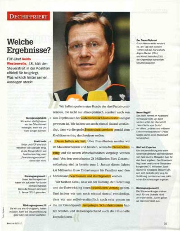 Ein Porträt des FDP-Politikers Guido Westerwelle vor einem Zeitungsartikel.