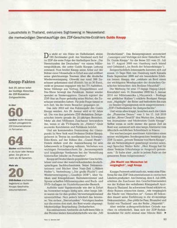 Ein Zeitungsartikel über Guido Knopp und seine Arbeit für das ZDF, inklusive seiner Reisen und Dokumentationen.