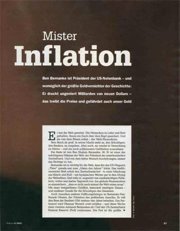 Ein Zeitungsartikel mit der Überschrift „Mister Inflation“ über Ben Bernanke.