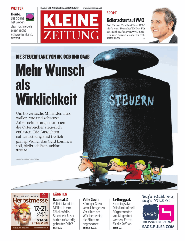 Eine Karikatur zeigt Menschen, die unter einer schweren Last mit der Aufschrift „Steuern“ leiden.