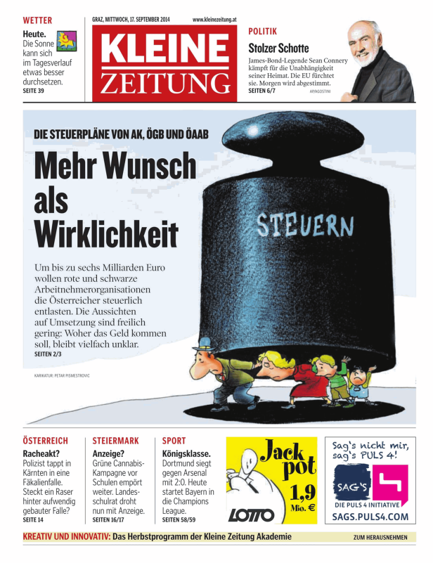 Eine Karikatur zeigt Menschen, die unter einer schweren Last mit der Aufschrift „Steuern“ leiden.