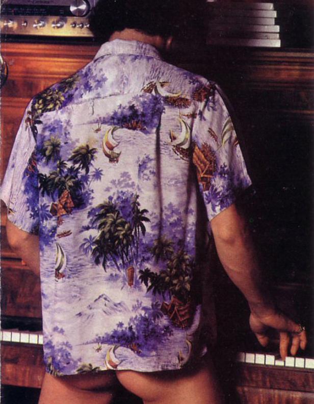 Ein Mann mit einem Hemd mit Palmenmuster spielt Klavier.