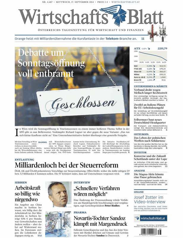 Titelseite des Wirtschaftsblatt vom 17. September 2014.