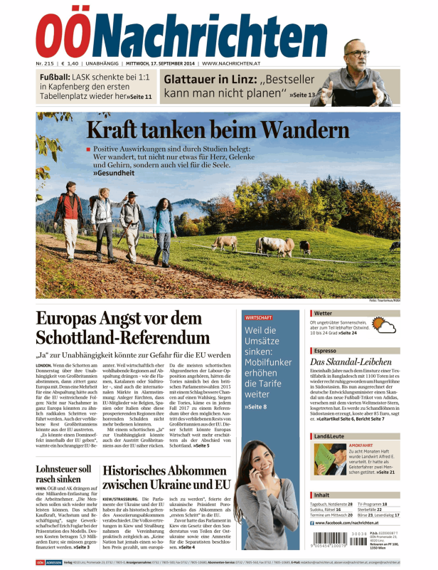 Titelseite der OÖNachrichten vom 17. September 2014.