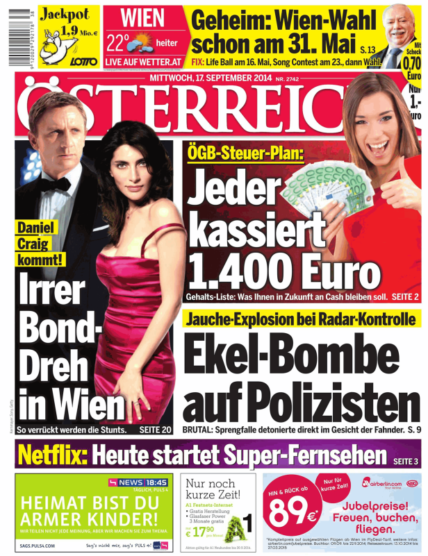 Titelseite der österreichischen Zeitung mit Daniel Craig und einer Frau in Wien.