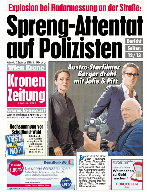 Titelseite der „Kronen Zeitung“ vom 17. September 2014 mit Meldungen zu einem Sprengstoffanschlag und Dreharbeiten mit Jolie und Pitt.