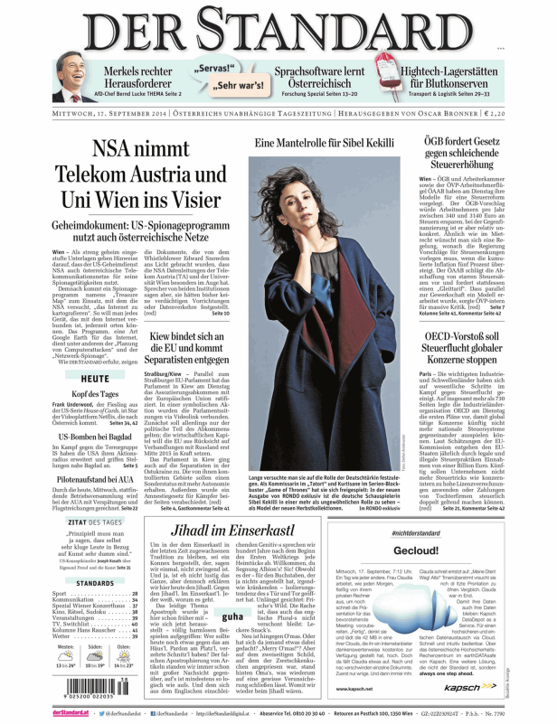 Titelseite der Zeitung „Der Standard“ vom 17. September 2014 mit Sibel Kekilli.