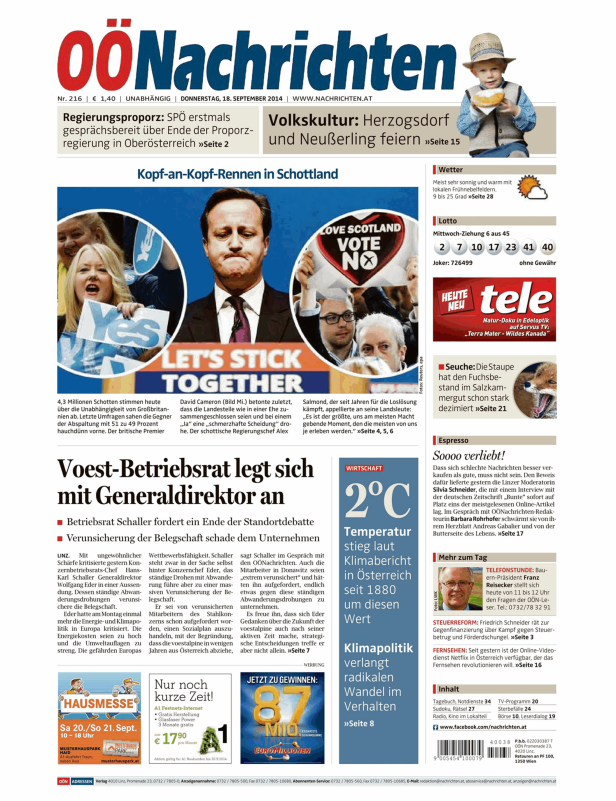 Titelseite der OÖNachrichten vom 18. September 2014 mit Berichten über Politik, Wirtschaft und Kultur.