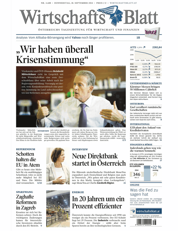 Titelseite des Wirtschaftsblatt vom 18. September 2014.