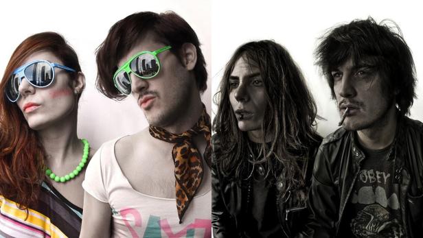 Eine Gruppe von vier Personen posiert mit Sonnenbrillen und auffälliger Kleidung.