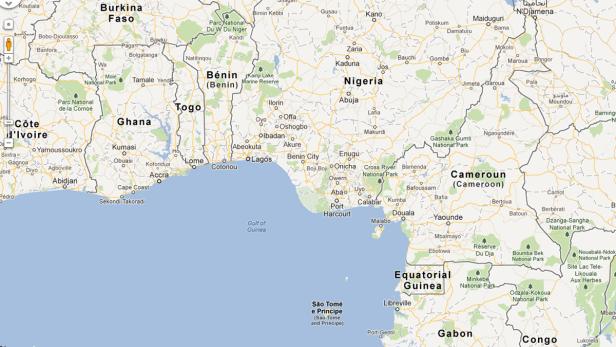 Eine Karte, die einen Teil Westafrikas mit Ländern wie Nigeria, Ghana und Kamerun zeigt.