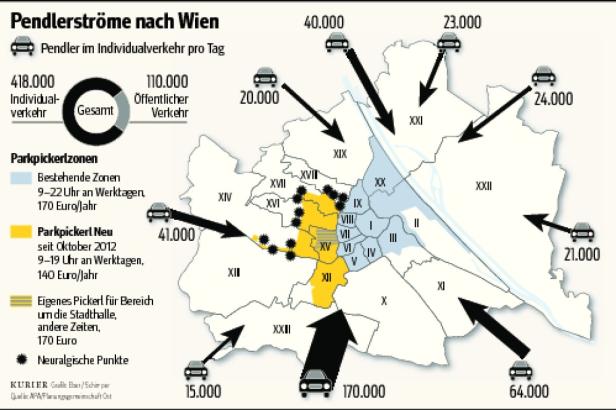 Eine Karte von Wien, die die Pendlerströme und Parkpickerlzonen zeigt.