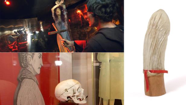 Das Bild zeigt eine Collage von Museumsstücken, darunter eine Folterszene und anatomische Modelle.