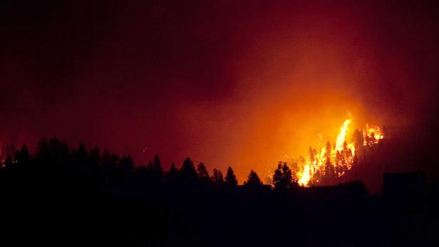 Ein Waldbrand erhellt den Nachthimmel mit Flammen und Rauch.