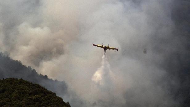 Ein Löschflugzeug wirft Wasser über einem Waldgebiet ab, um einen Brand zu bekämpfen.