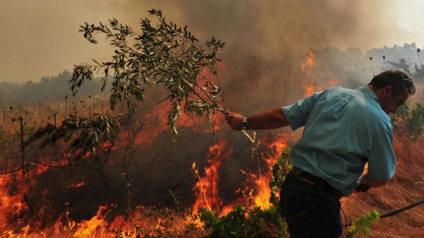 Ein Mann versucht mit einem Zweig ein Feuer in einem Feld zu löschen.