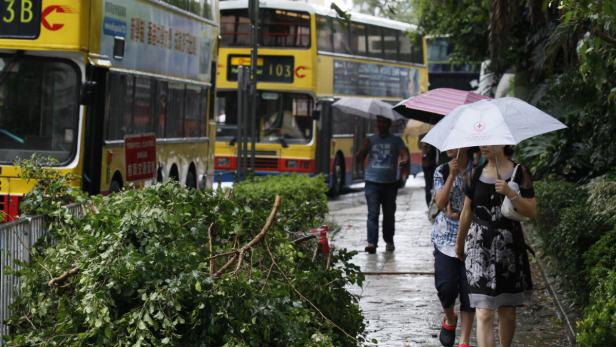 Menschen mit Regenschirmen gehen an gelben Doppeldeckerbussen vorbei.