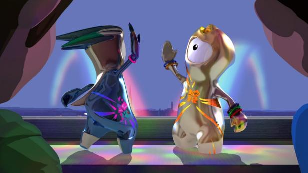 Die Maskottchen Wenlock und Mandeville der Olympischen Spiele 2012 geben sich ein High-Five.