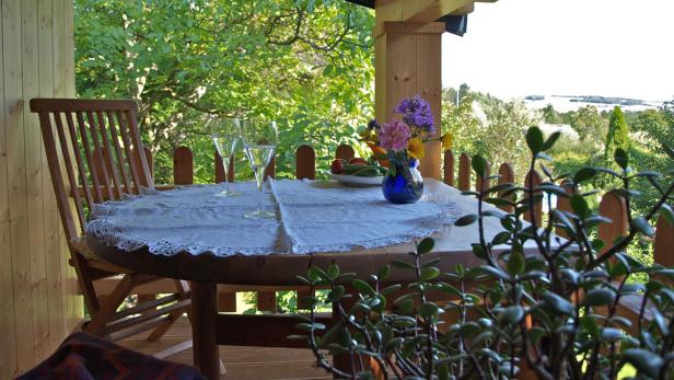 Ein gedeckter Tisch mit Blumen und Getränken auf einer Veranda mit Blick ins Grüne.