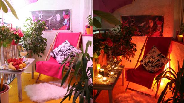 Ein farbenfroher Balkon mit Liegestuhl, Pflanzen, Obst und einem Comic-Poster.