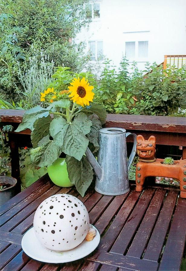 Sonnenblumen, eine Gießkanne und eine dekorative Kugel auf einem Gartentisch.