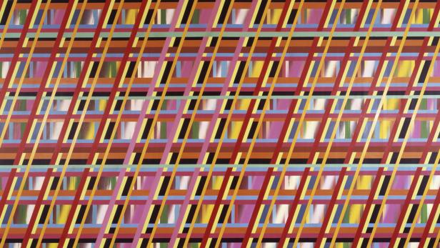 Ein abstraktes Gemälde mit horizontalen und diagonalen farbigen Linien.