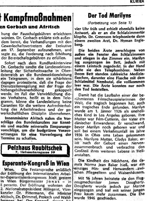 Wie der KURIER über Marilyns Tod berichtete